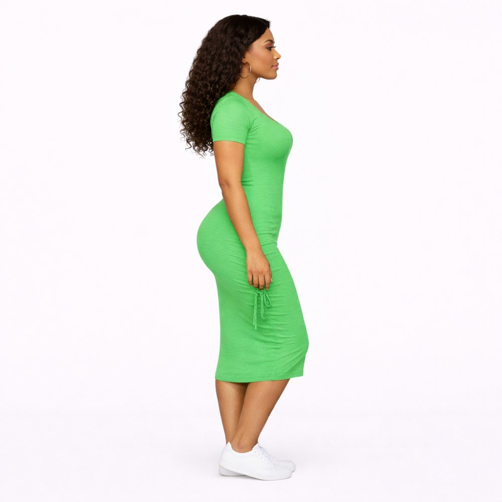 Green Ribbed Short Sleeve Bodycon Midi Dress